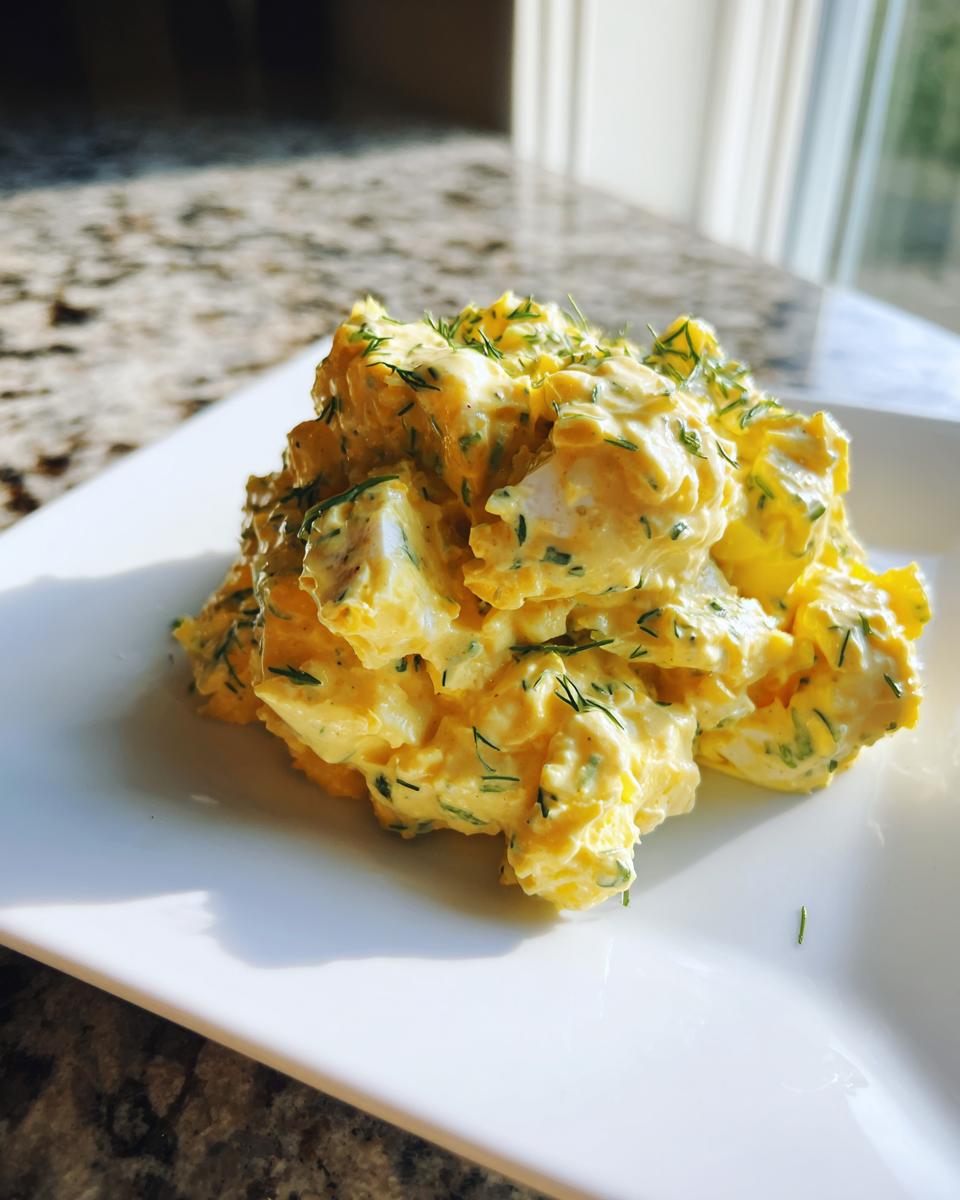 A scoop of creamy, yellow egg salad recipe garnished with fresh dill, sitting on a white square plate.
