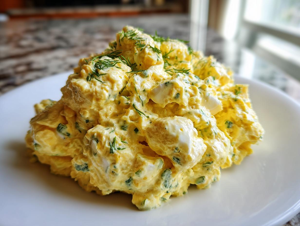 A generous mound of creamy, yellow egg salad recipe mixed with herbs, garnished with fresh dill, served on a white plate.