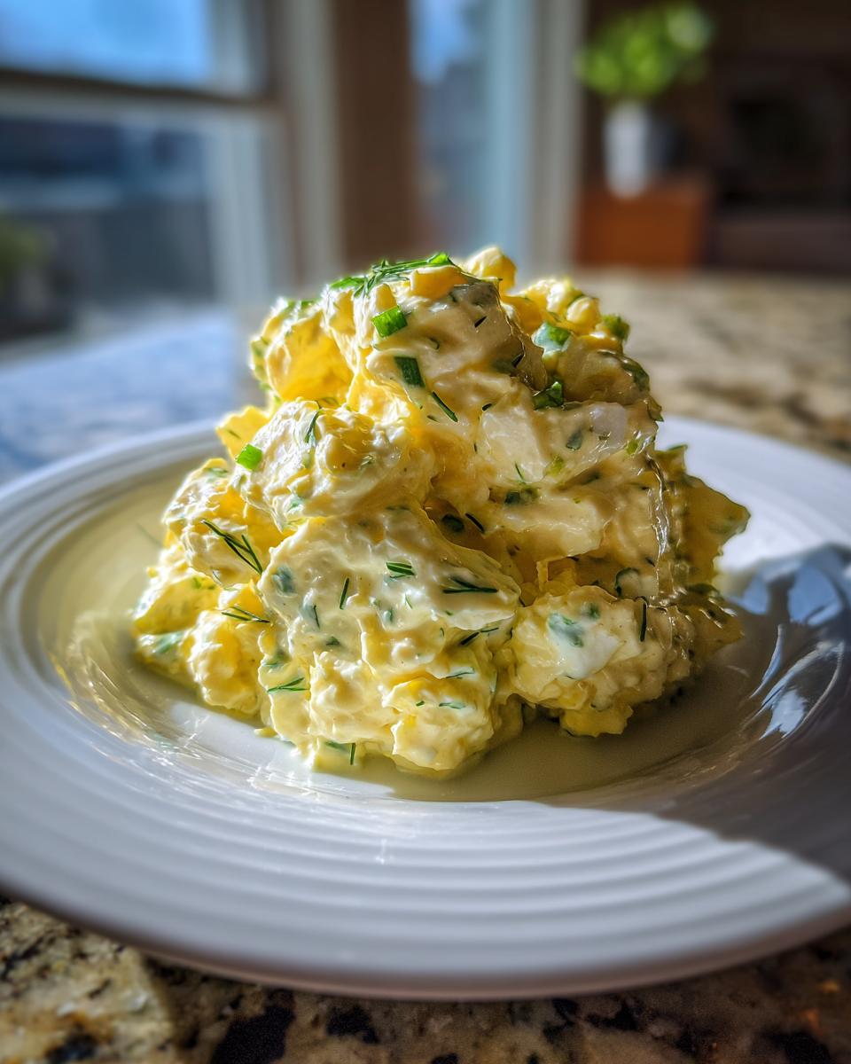 A mound of creamy, yellow egg salad recipe garnished with fresh green chives and dill on a white plate.