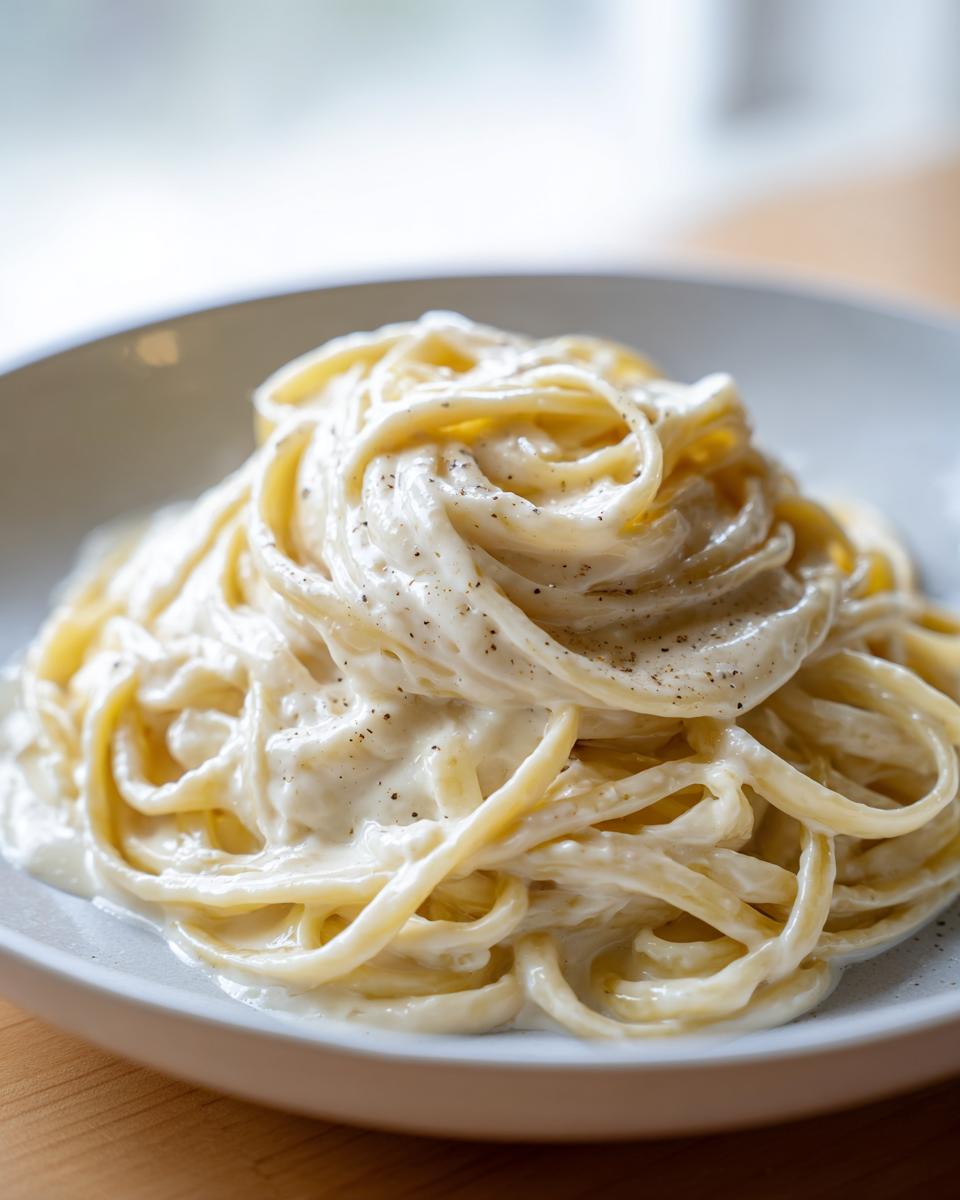 Close-up of fettuccine pasta generously coated in rich olive garden alfredo sauce and black pepper.