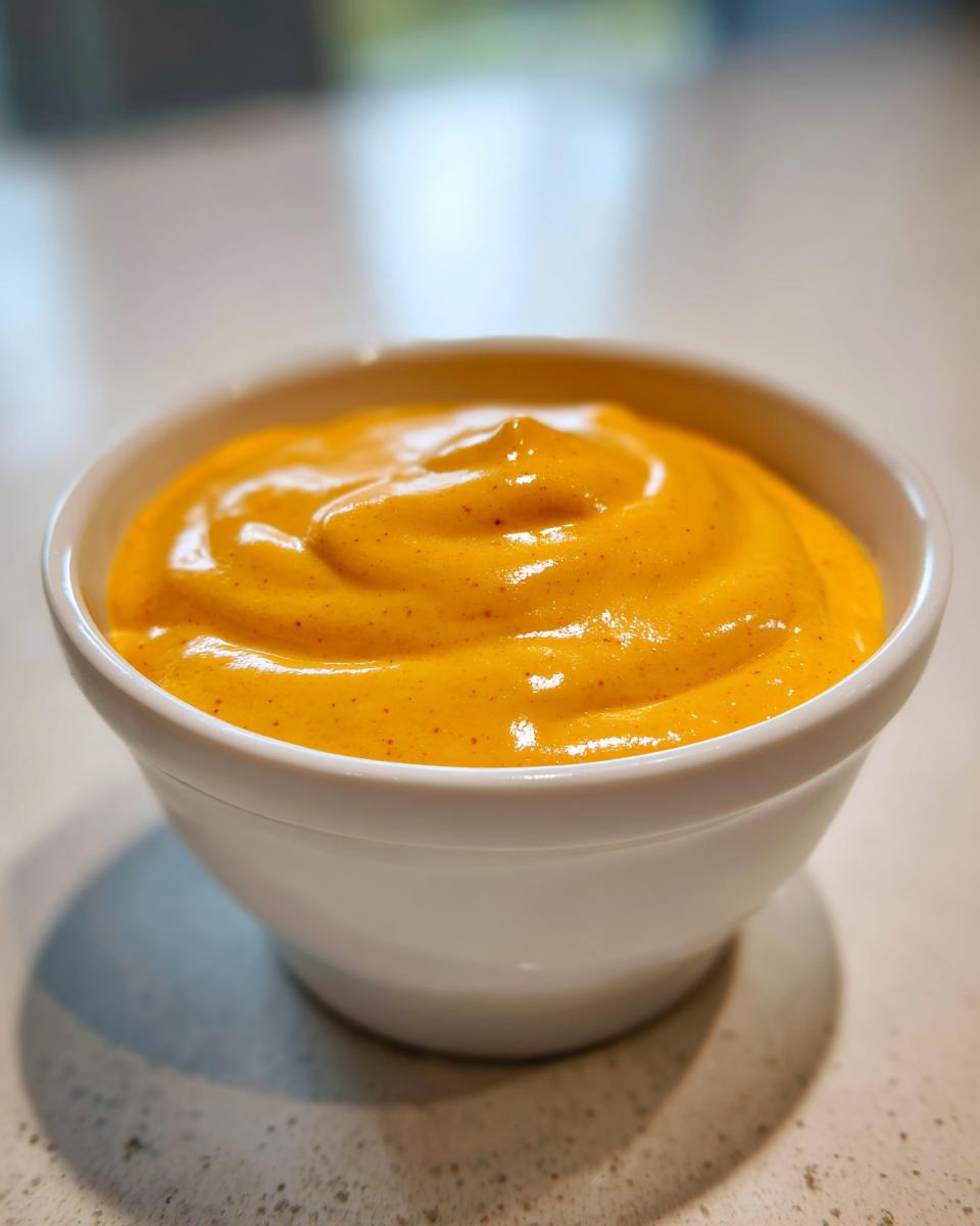 A close-up of thick, vibrant orange homemade nacho cheese sauce swirled in a small white dipping bowl.