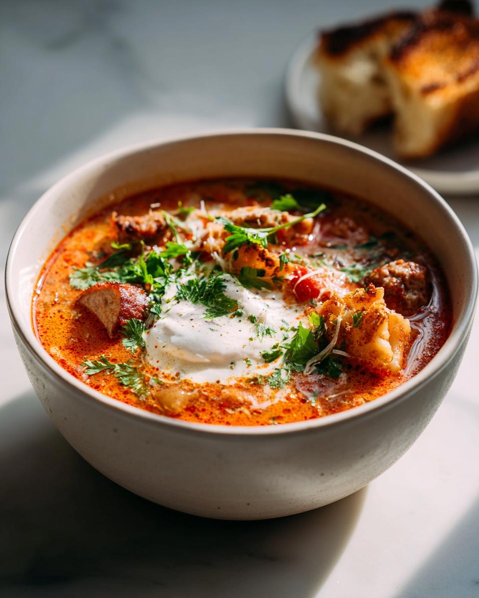 Close-up of a bowl of rich, orange-red creamy lasagna soup topped with a dollop of white cream, fresh parsley, and meat pieces.