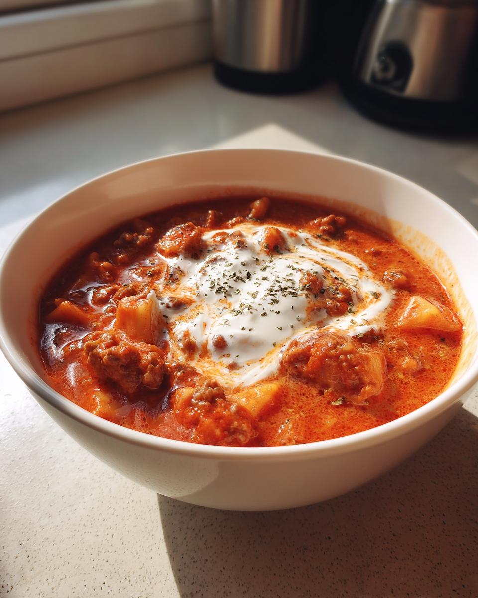 A close-up of a white bowl filled with rich, orange-red creamy lasagna soup, topped with a swirl of white cream and dried herbs.