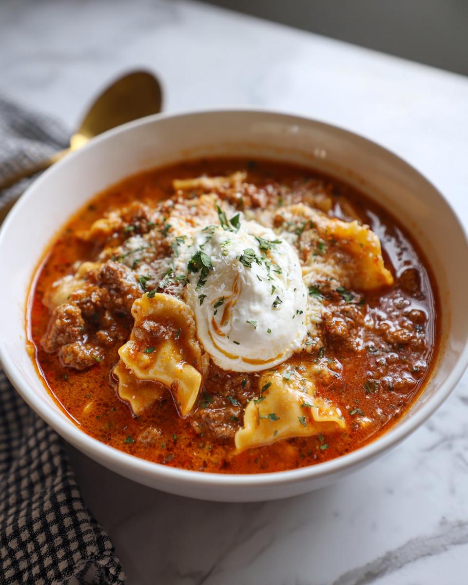 A close-up of a rich, red bowl of creamy lasagna soup featuring pasta pieces, meat sauce, and a dollop of ricotta cheese.