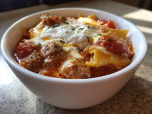 Close-up of a white bowl filled with rich, red creamy lasagna soup, pasta pieces, and a dollop of white ricotta cheese.