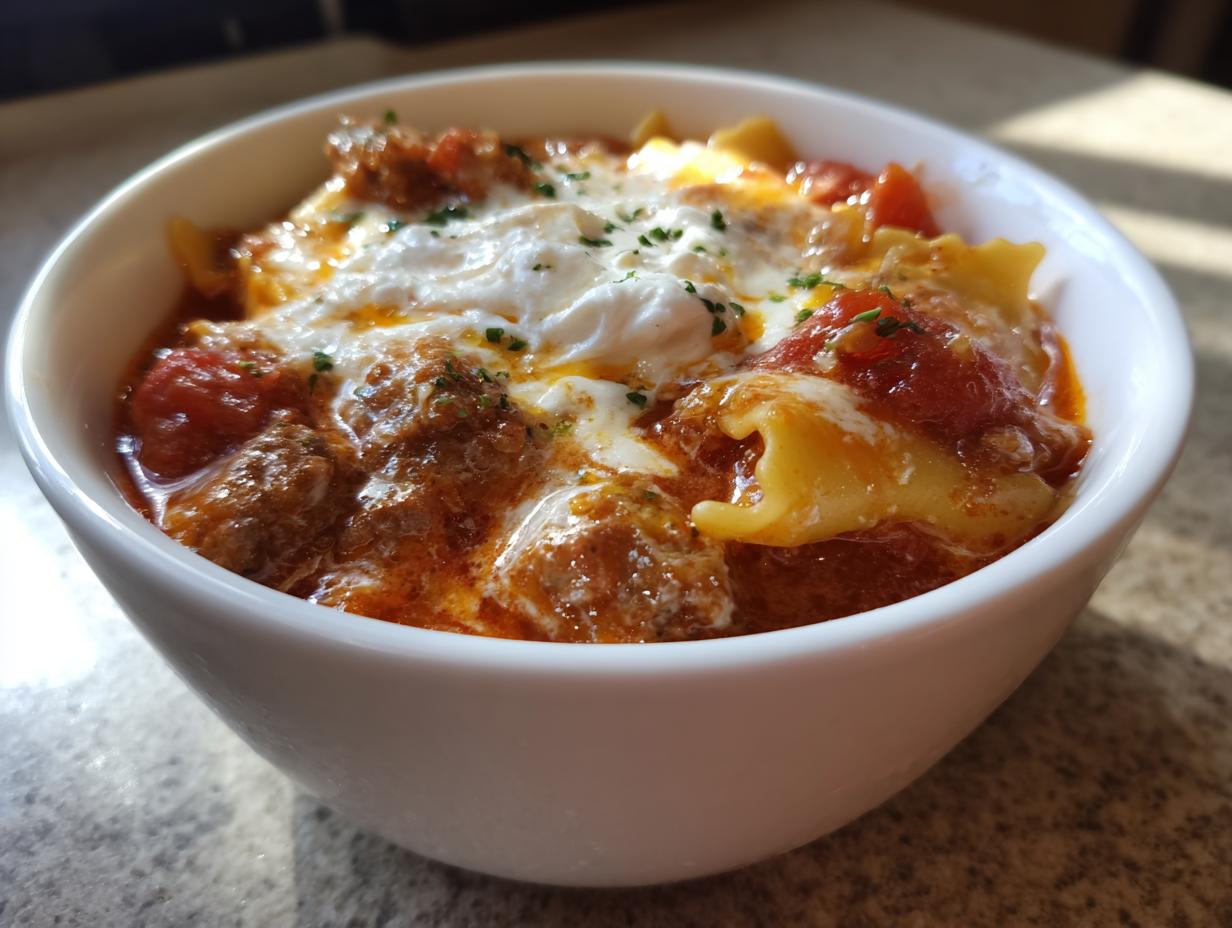 Close-up of a white bowl filled with rich, red creamy lasagna soup, pasta pieces, and a dollop of white ricotta cheese.