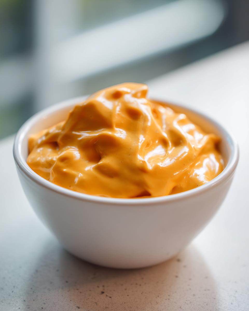 Close-up of thick, vibrant orange nacho cheese sauce perfectly swirled in a small white dipping bowl.