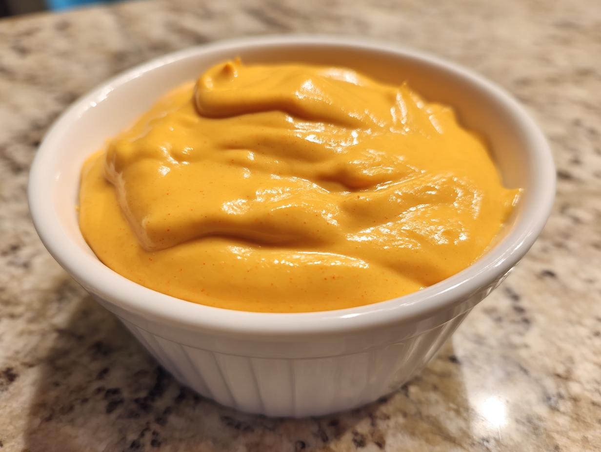 Close-up of thick, vibrant orange nacho cheese sauce swirled inside a small white ramekin.