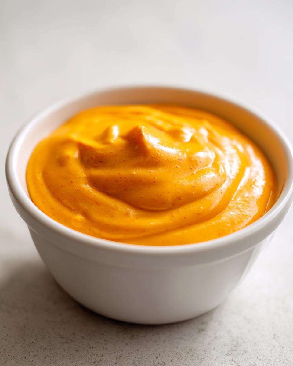 Close-up of a small white bowl filled with bright orange, creamy nacho cheese sauce.