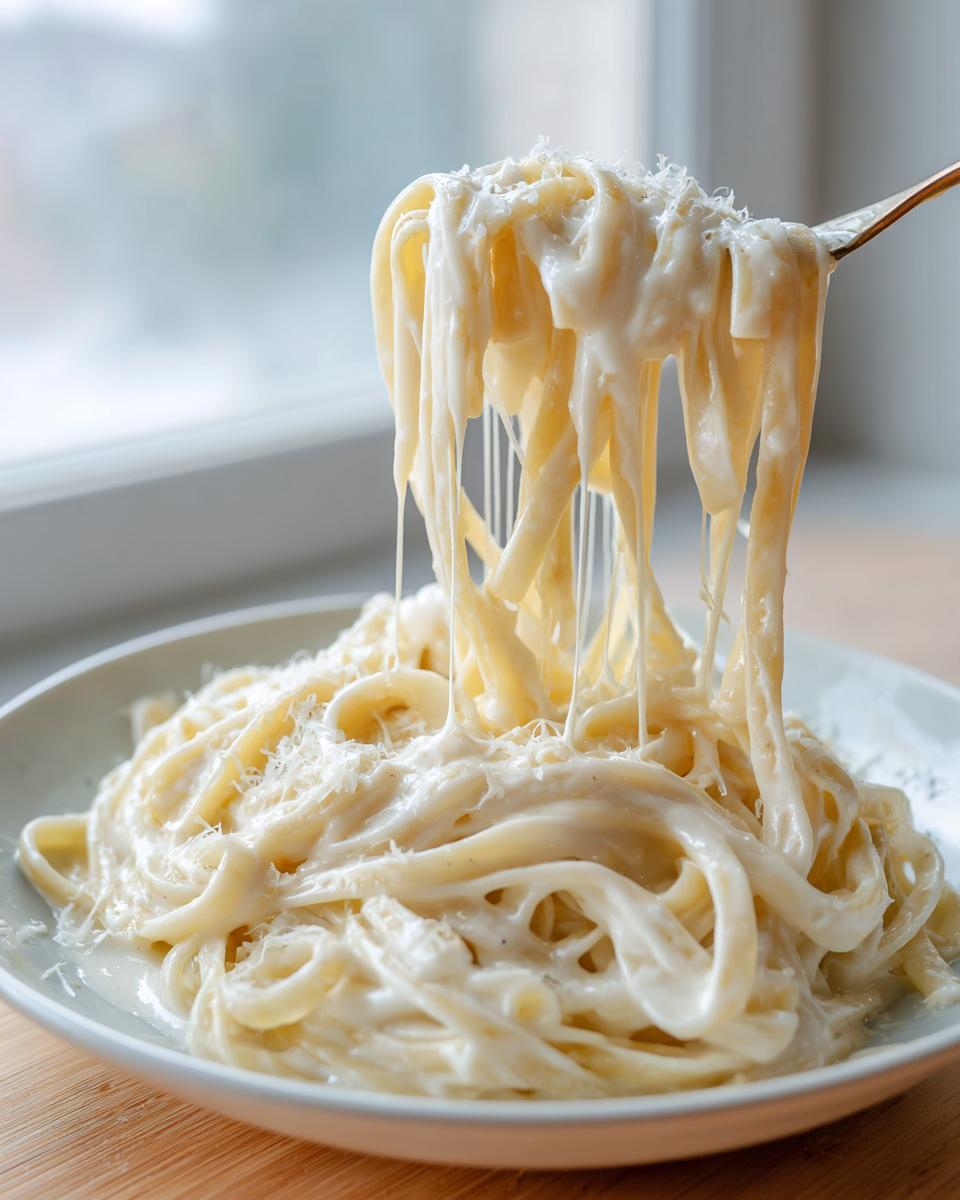Fettuccine pasta coated in rich, creamy olive garden alfredo sauce being lifted by a fork, showing cheese pull.