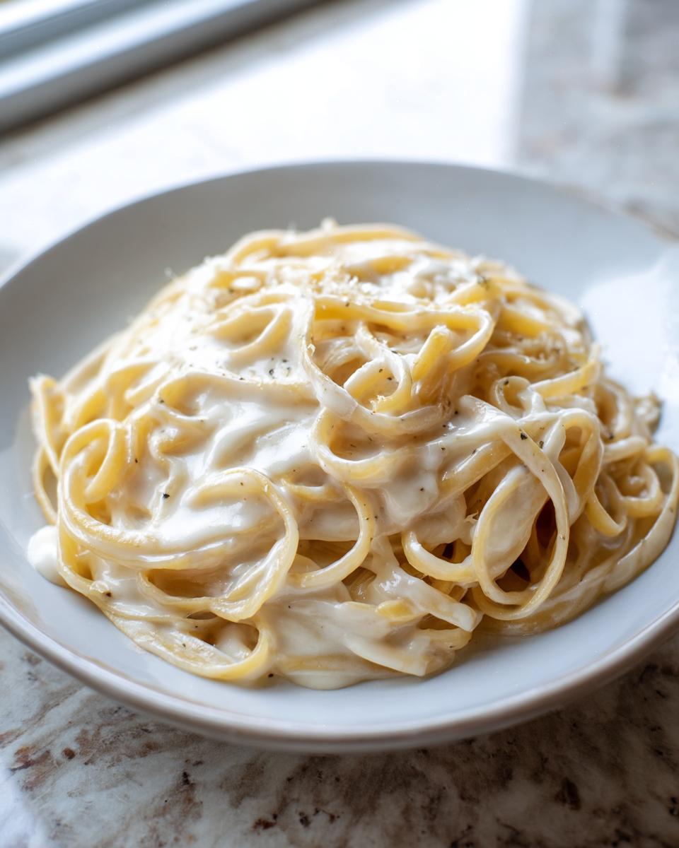 A close-up of fettuccine pasta generously coated in creamy olive garden alfredo sauce, topped with pepper.