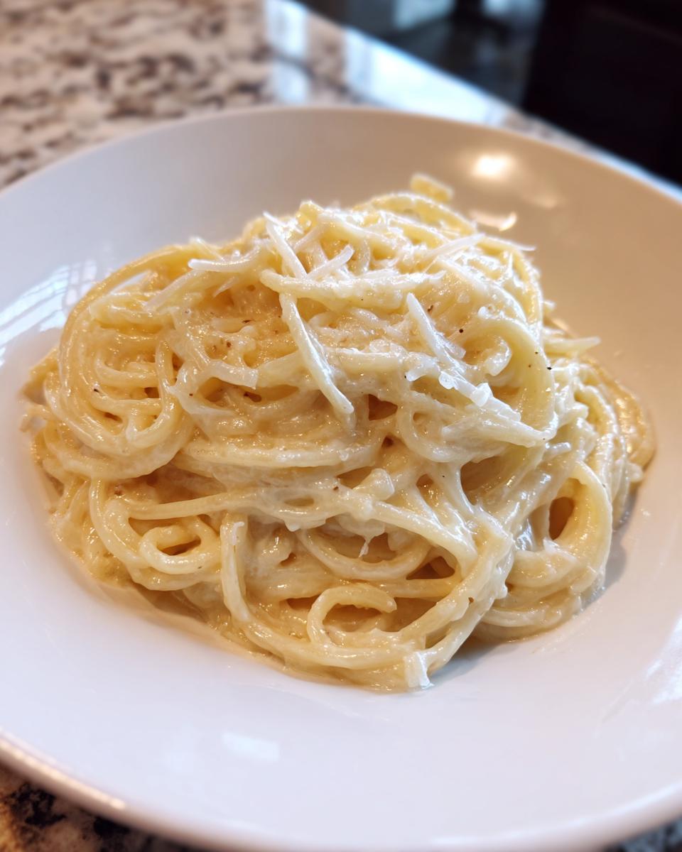 Close-up of a serving of creamy parmesan pasta tossed with sauce and topped with shredded parmesan cheese.