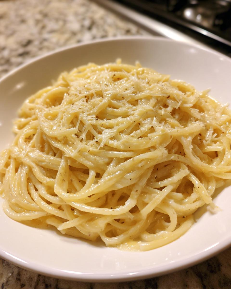 Close-up of a white bowl filled with creamy parmesan pasta, generously topped with shredded parmesan cheese and black pepper.