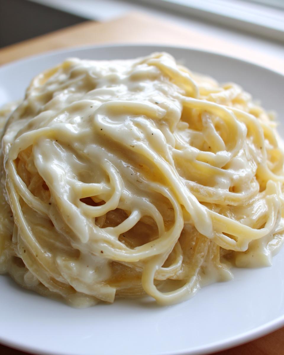 Close-up of fettuccine pasta generously coated in rich, creamy olive garden alfredo sauce on a white plate.