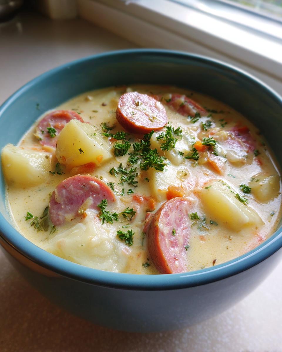 Close-up of creamy potato and sausage chowder, garnished with fresh parsley, served in a blue bowl.