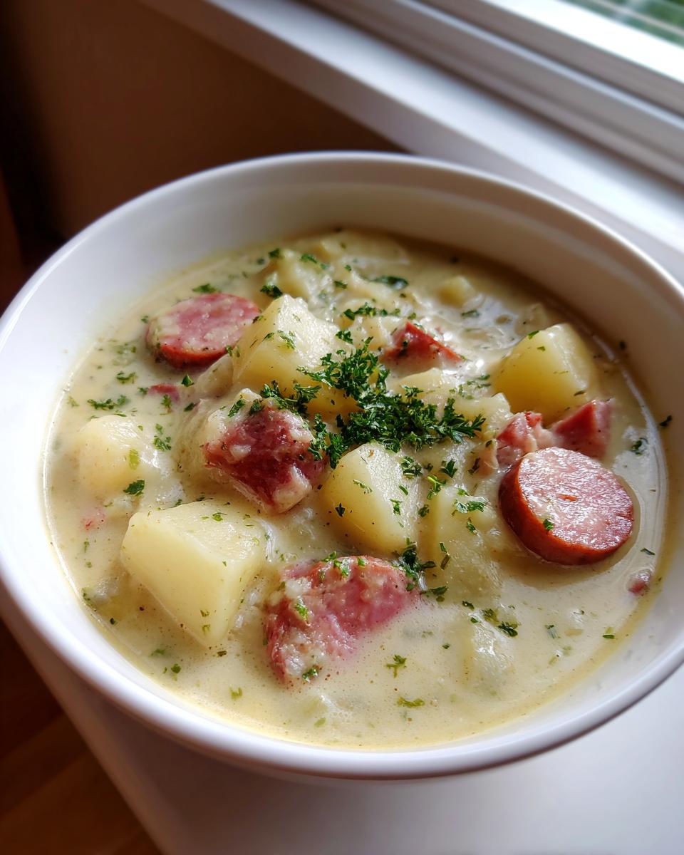 Close-up of a creamy potato and sausage chowder, garnished with fresh parsley, served in a white bowl.