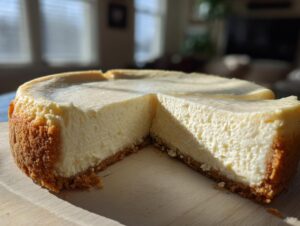 A whole, creamy Protein Cheesecake with one slice cut out, showing the thick graham cracker crust.