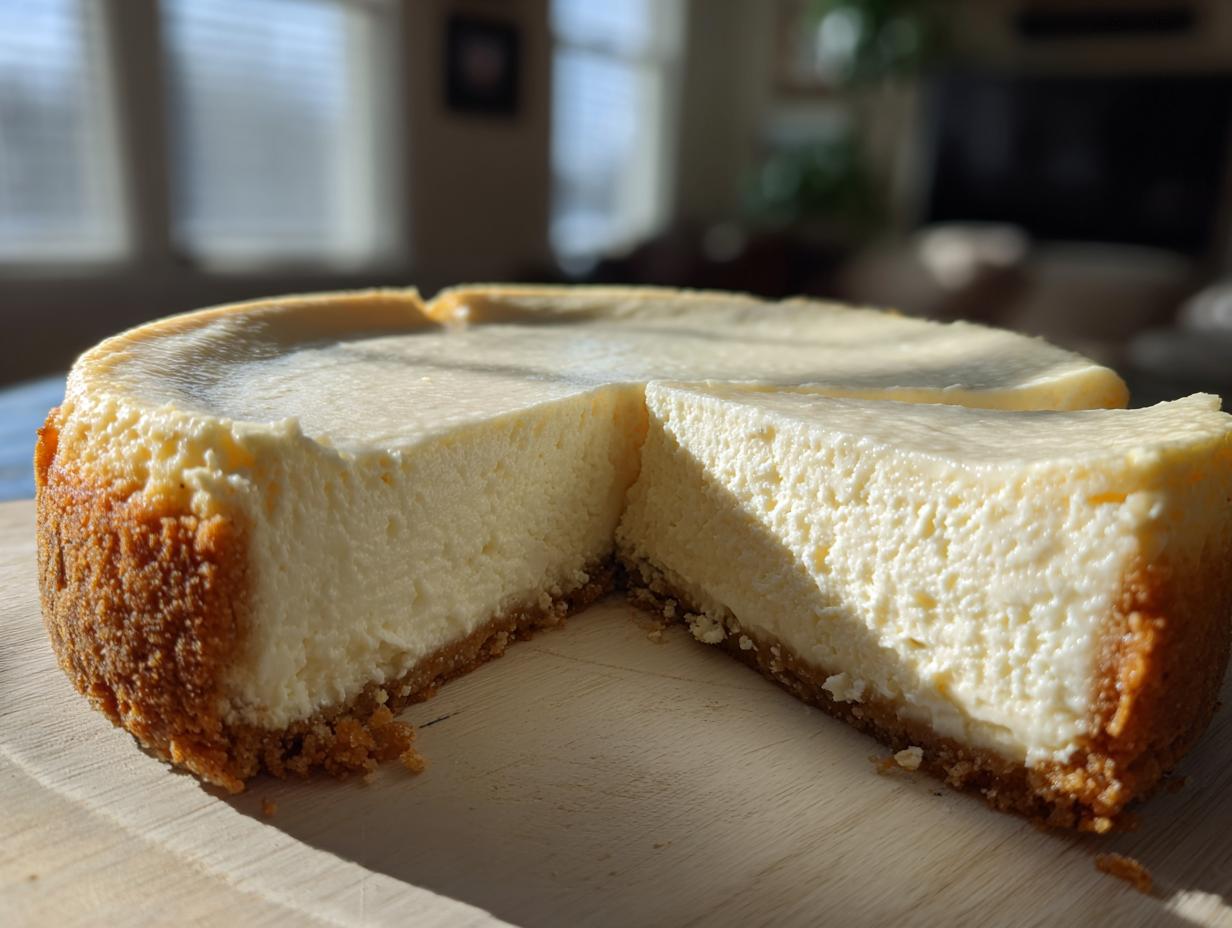 A whole, creamy Protein Cheesecake with one slice cut out, showing the thick graham cracker crust.