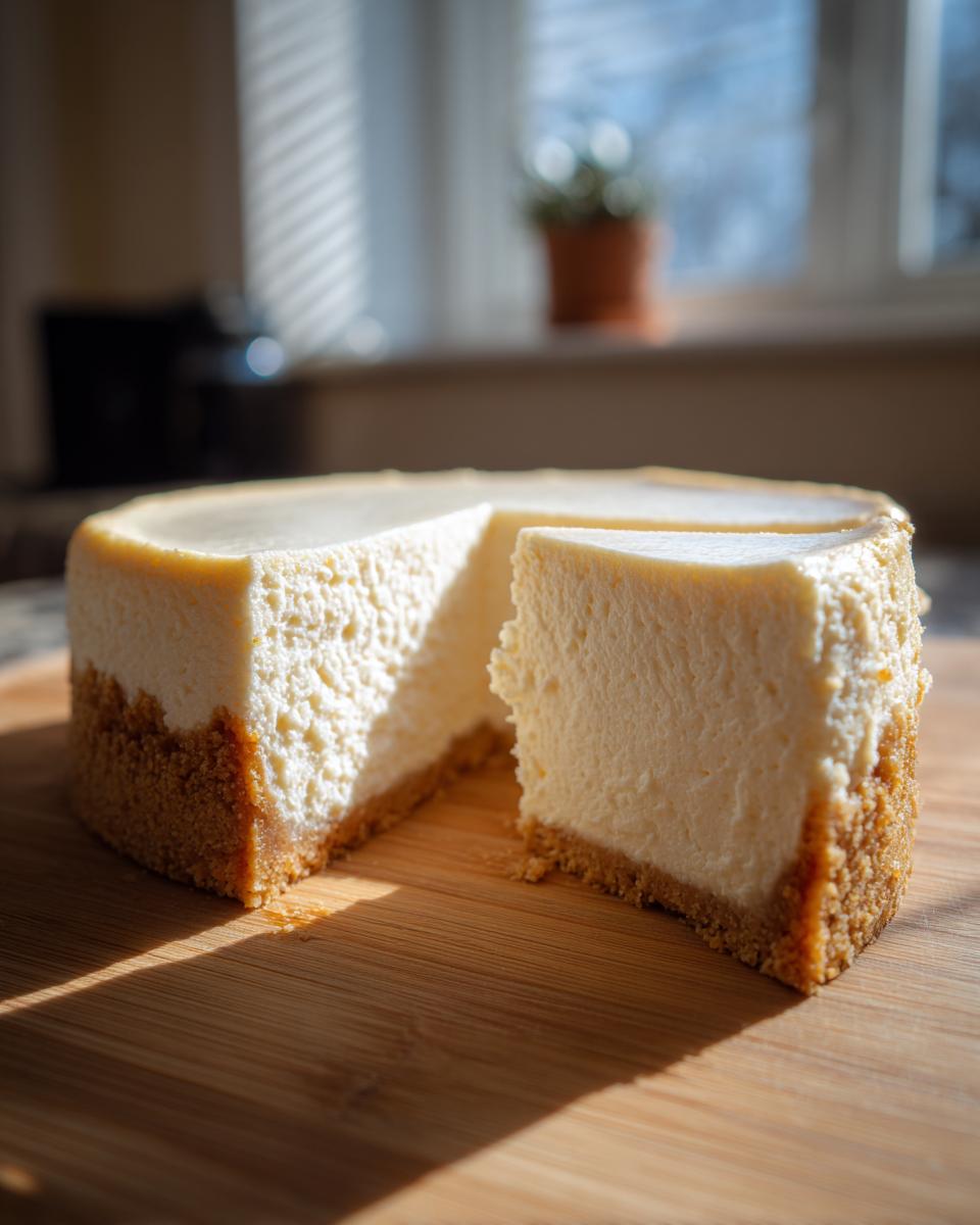 A creamy, baked Protein Cheesecake with a thick graham cracker crust, displayed with one slice cut out on a wooden board.