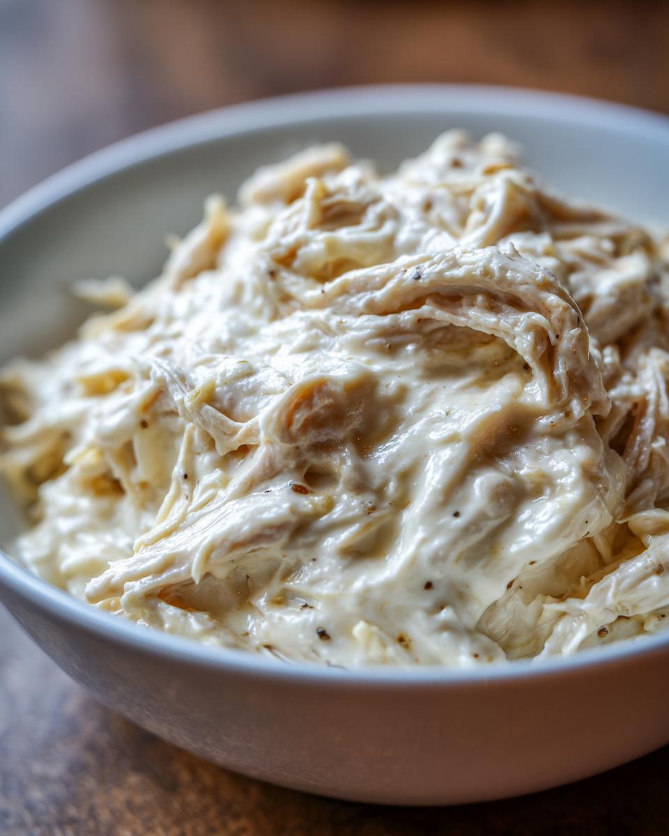 Close-up of shredded slow cooker garlic parmesan chicken coated in a rich, creamy white sauce.