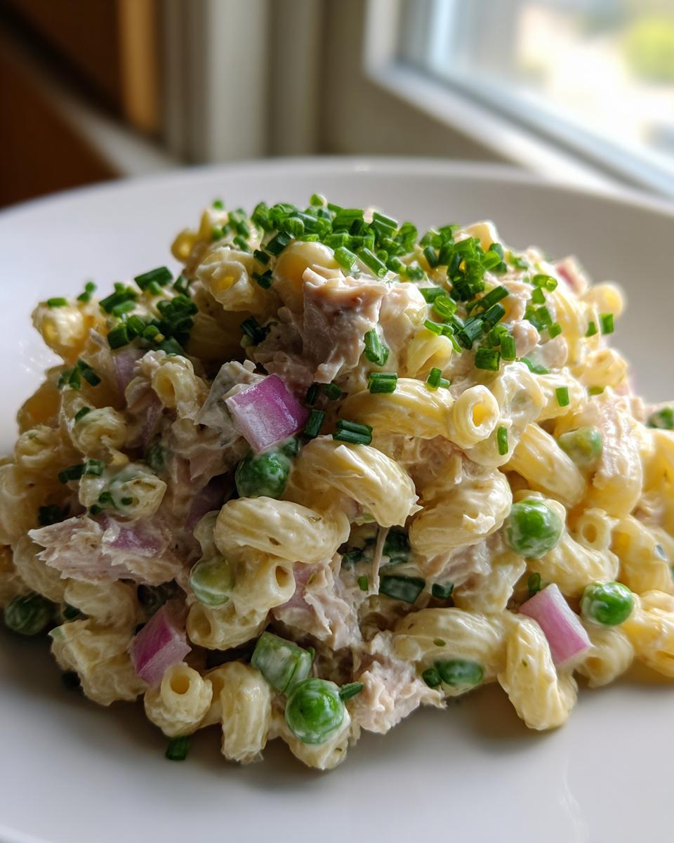 A close-up of a serving of creamy tuna pasta salad mixed with macaroni, peas, red onion, and topped with fresh chives.