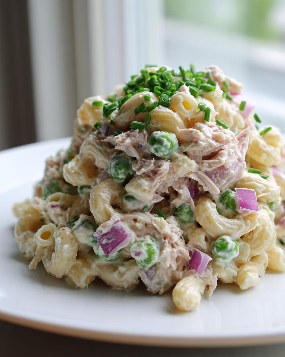 A mound of creamy tuna pasta salad made with elbow macaroni, peas, red onion, and topped with fresh chives.