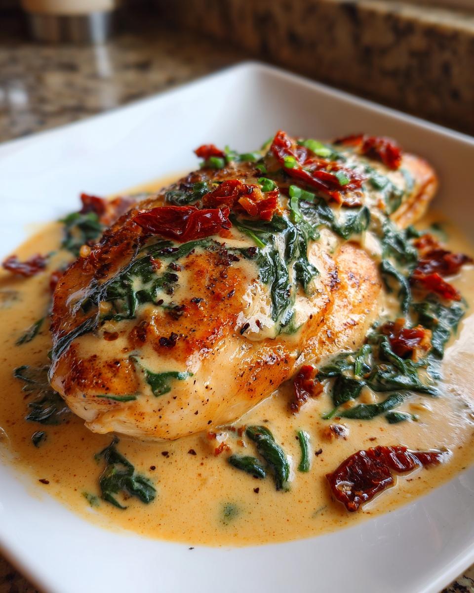A close-up of a seared chicken breast smothered in creamy Tuscan sauce with spinach and sun-dried tomatoes, our creamy Tuscan chicken.