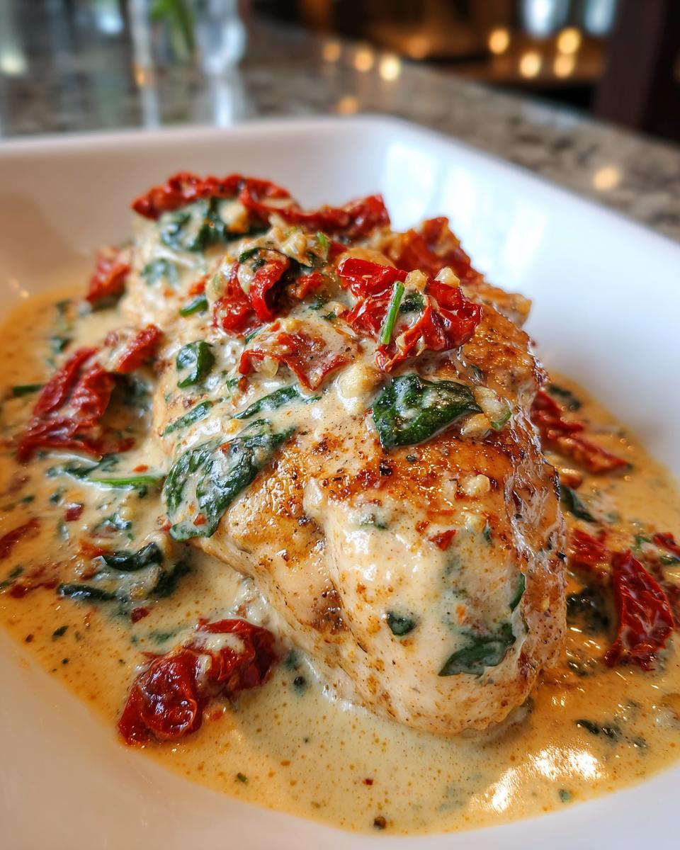 Close-up of a seared chicken breast smothered in a creamy sauce with spinach and sun-dried tomatoes, classic creamy Tuscan chicken.