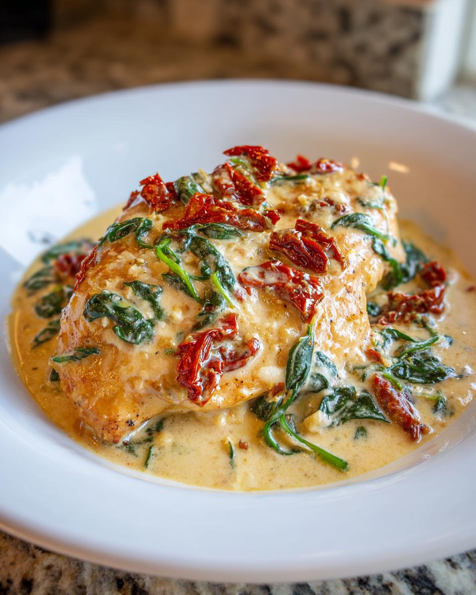 Close-up of a pan-seared chicken breast smothered in a rich, creamy Tuscan sauce with spinach and sun-dried tomatoes: creamy tuscan chicken.