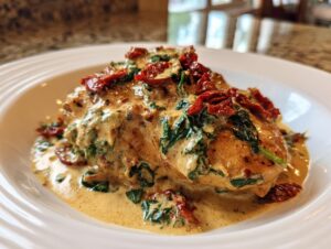A close-up of creamy Tuscan chicken smothered in a rich, creamy sauce with spinach and sun-dried tomatoes.