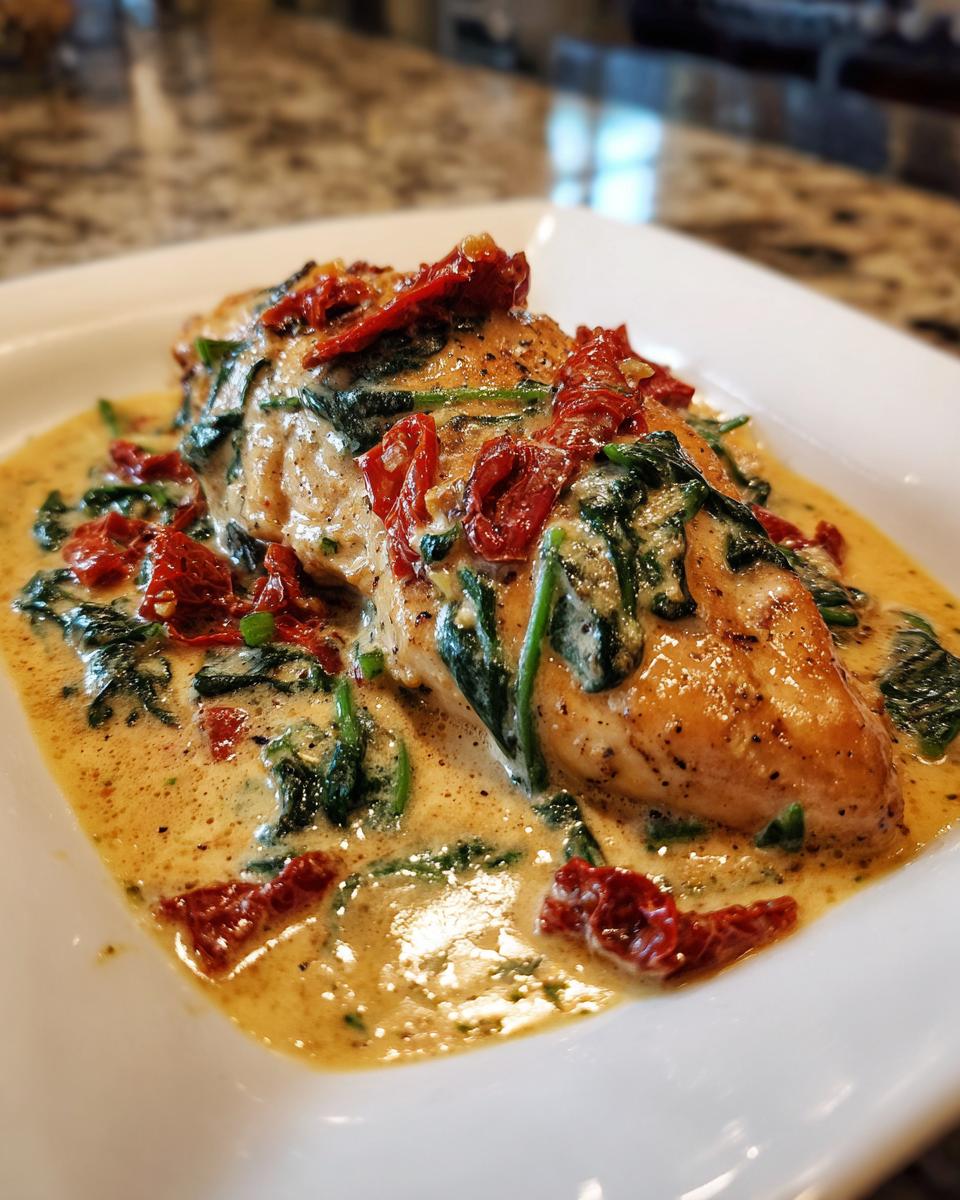 A close-up of a single serving of creamy Tuscan chicken topped with spinach and sun-dried tomatoes.