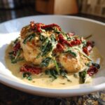 Close-up of a piece of creamy Tuscan chicken smothered in a rich sauce with spinach and sun-dried tomatoes.