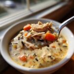A spoonful lifted from a bowl showing creamy wild rice soup loaded with shredded chicken and diced carrots.