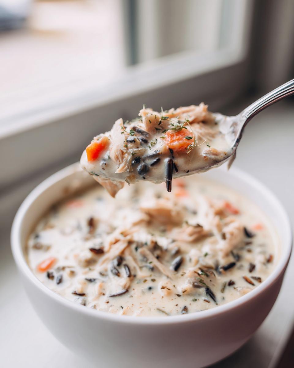 A spoonful of creamy wild rice soup, featuring shredded chicken, dark wild rice, and carrots, lifted above a white bowl.
