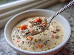A spoonful of creamy wild rice soup showing chunks of chicken, carrots, and wild rice.