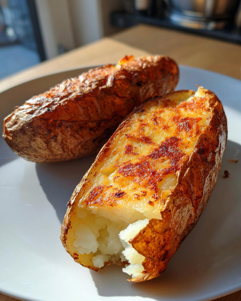 Two perfectly cooked air fryer baked potato halves with crispy, golden-brown skins sitting on a white plate.