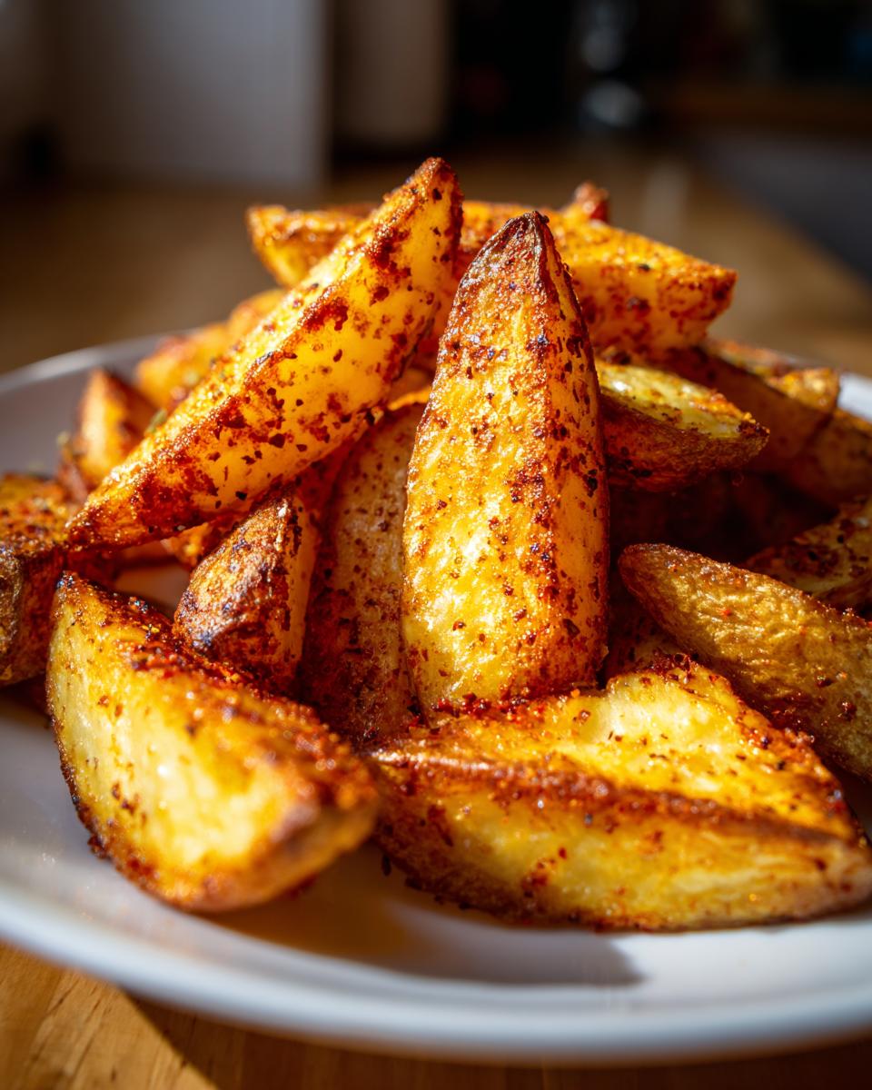 Close-up of golden, crispy air fryer potato wedges heavily seasoned with paprika and spices on a white plate.