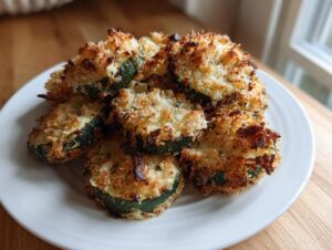 A pile of golden brown, crispy baked parmesan zucchini slices served on a white plate.