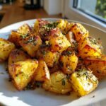 A close-up of perfectly roasted, golden-brown breakfast potatoes seasoned with herbs, served on a white plate.
