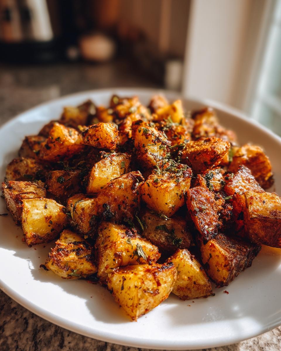 A close-up of golden brown, crispy breakfast potatoes seasoned with herbs served on a white plate.