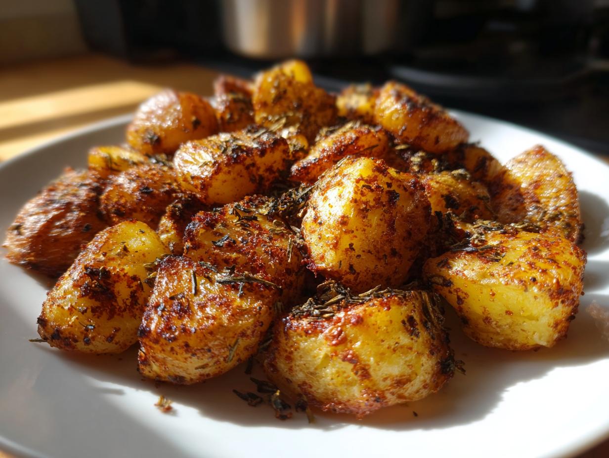 A close-up of crispy, golden roasted breakfast potatoes seasoned heavily with dried herbs on a white plate.