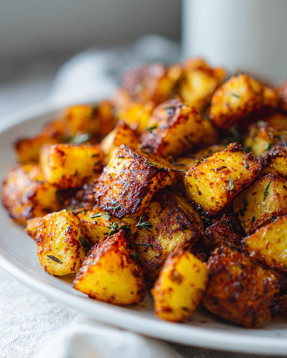Close-up of perfectly crispy, golden brown breakfast potatoes seasoned with spices and herbs.
