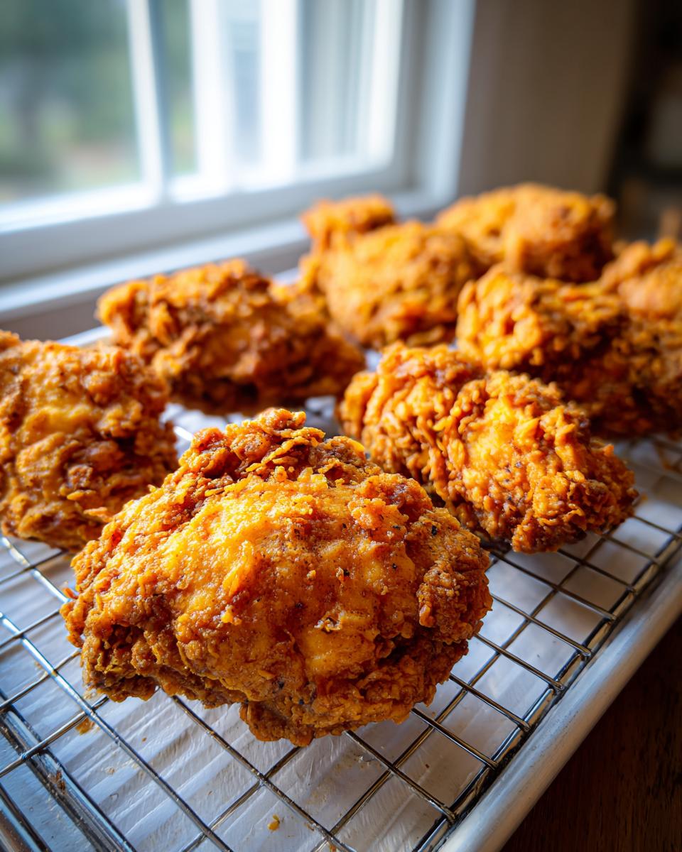 Close-up of several pieces of golden brown, crispy fried chicken resting on a wire cooling rack.