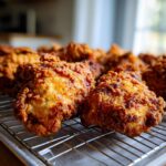 Close-up of golden brown, crispy fried chicken pieces resting on a wire cooling rack.