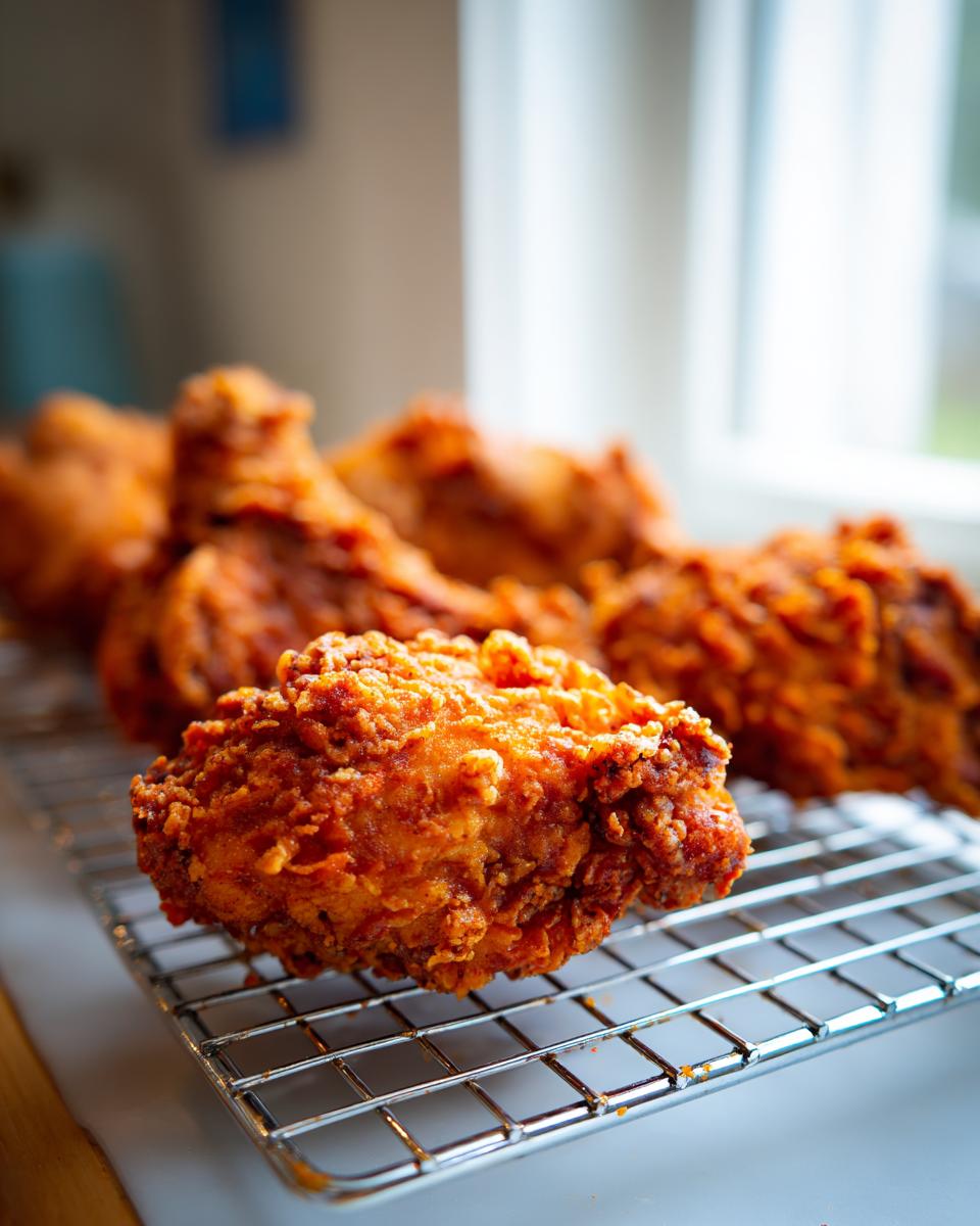 A close-up of a perfectly crispy, golden-brown piece of fried chicken resting on a wire cooling rack.