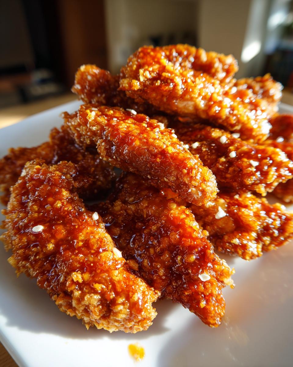 A pile of crispy, golden hot honey chicken tenders generously coated in a shiny, sticky glaze and sprinkled with white sesame seeds.