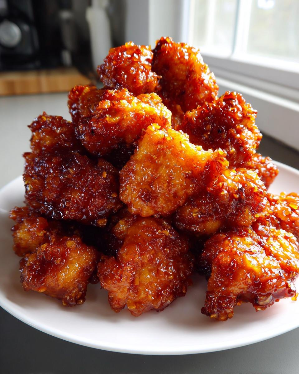 A pile of crispy, glazed pieces of orange chicken recipe piled high on a white plate.