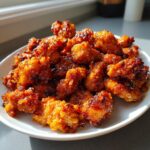 Close-up of crispy, glazed pieces of orange chicken recipe piled high on a white plate.