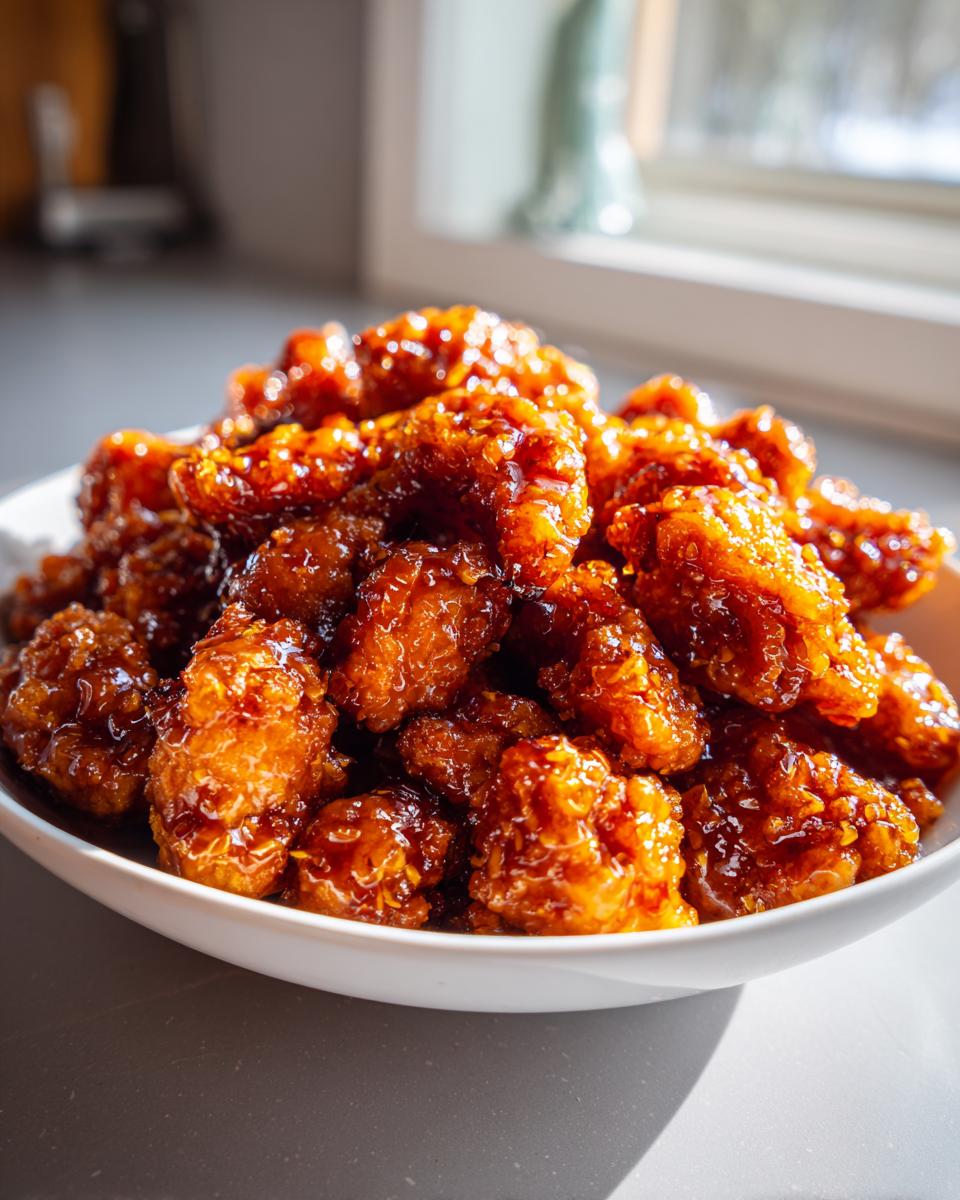 A close-up of crispy, glazed pieces of orange chicken piled high in a white bowl.