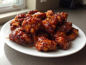 A pile of crispy, glazed orange chicken pieces sprinkled with sesame seeds on a white plate.